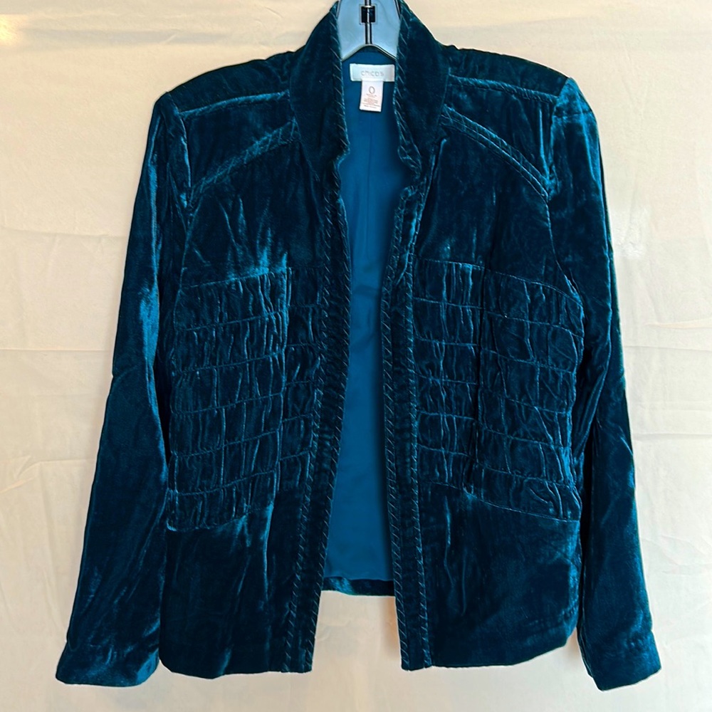 Chicos teal open front velvet jacket